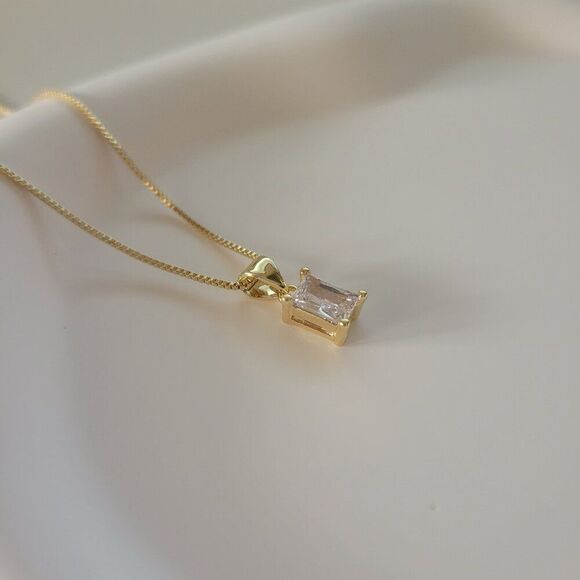 Baguette Rhinestone Charm Necklace Gold Filled on Box Chain - Picture 10 of 10